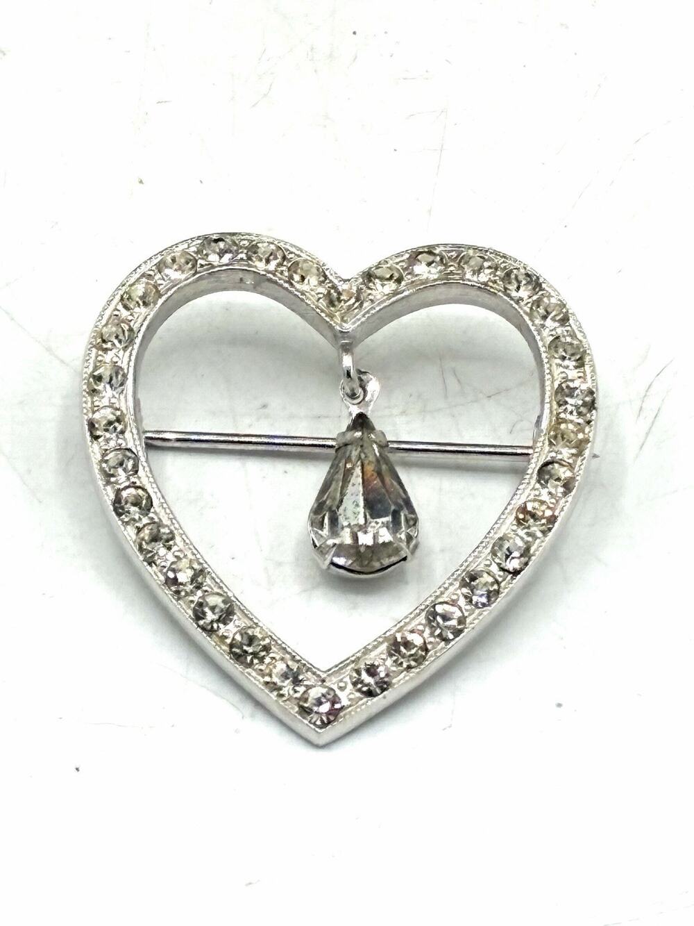 Vintage Crystal Rhinestone Heart Brooch/ Pin Prong Set Silver Tone